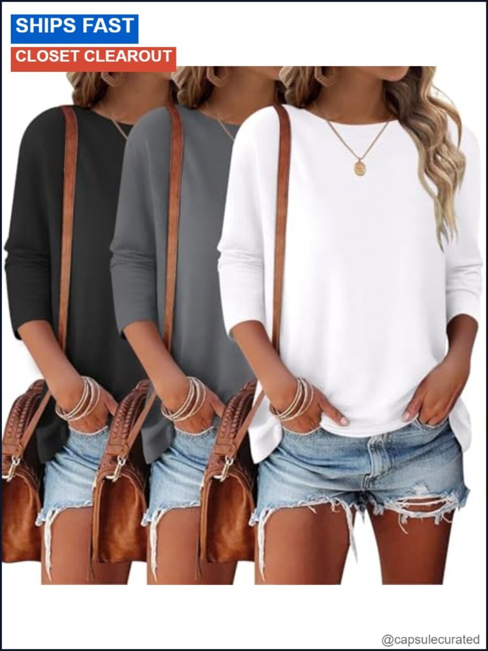 3 Pack 3/4 Sleeve Women's Crewneck Basic Tees - 60% Polyester 35% Rayon 5%